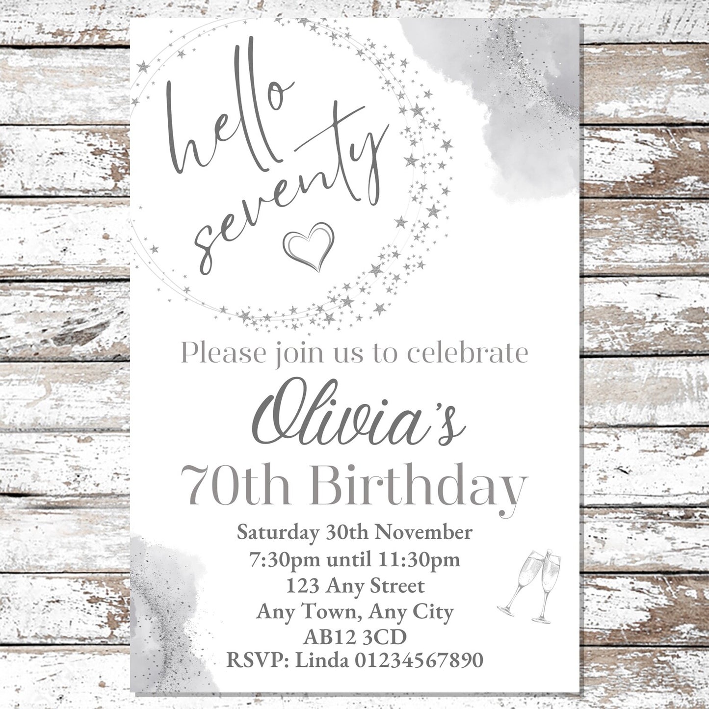 10 Personalised Silver Any Age Party Invitations With Envelopes
