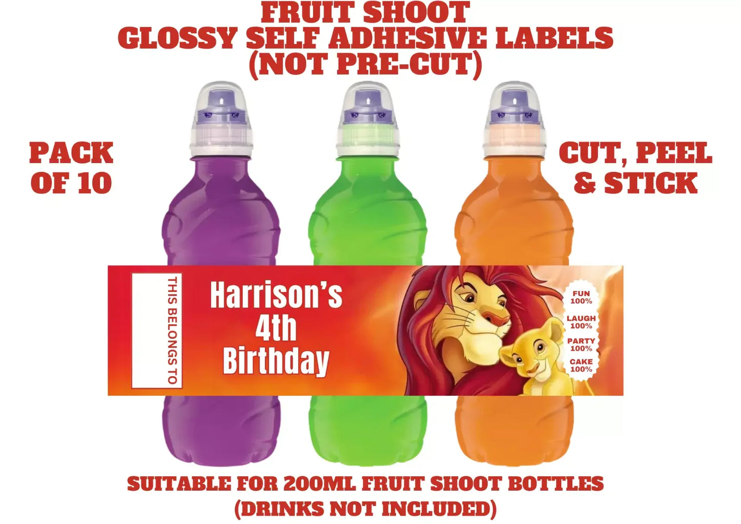 Lion King Personalised Fruit Shoot Bottle Self Adhesive Label Wrapper x 10