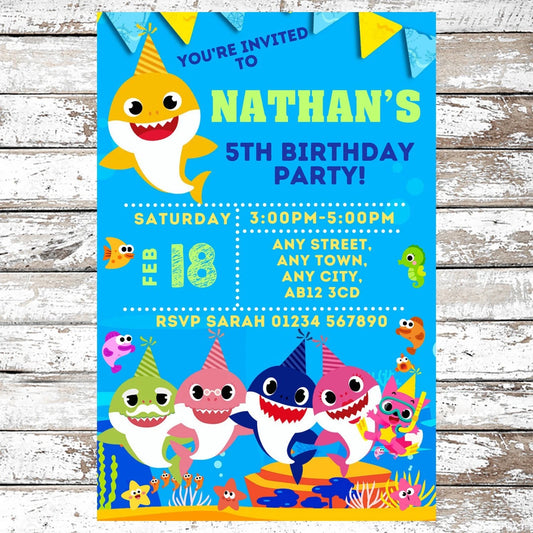 10 Personalised Baby Shark Party Invitations With Envelopes