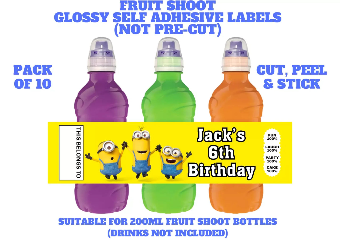 Minions Personalised Fruit Shoot Bottle Self Adhesive Label Wrapper x 10