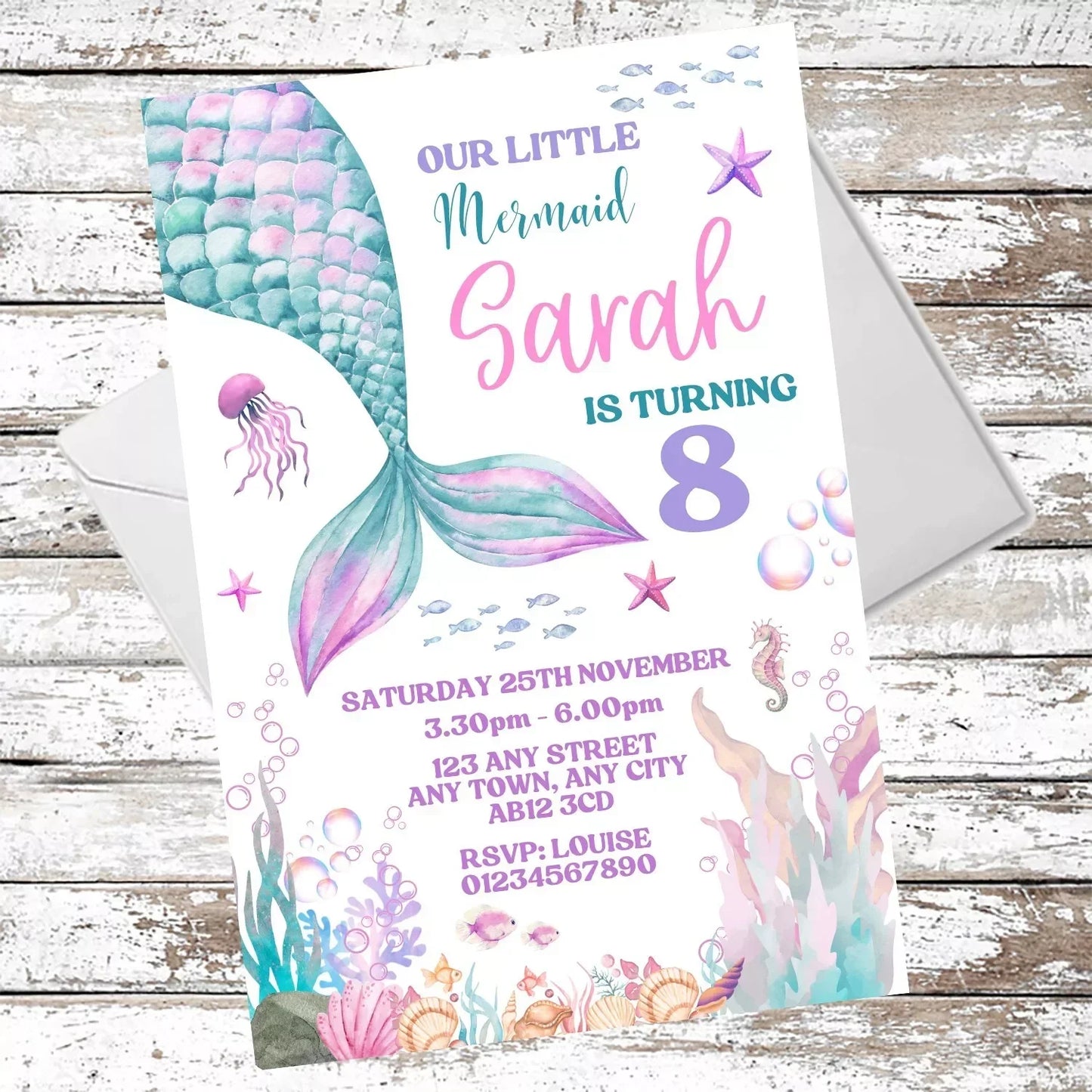 10 Personalised Mermaid Party Invitations With Envelopes