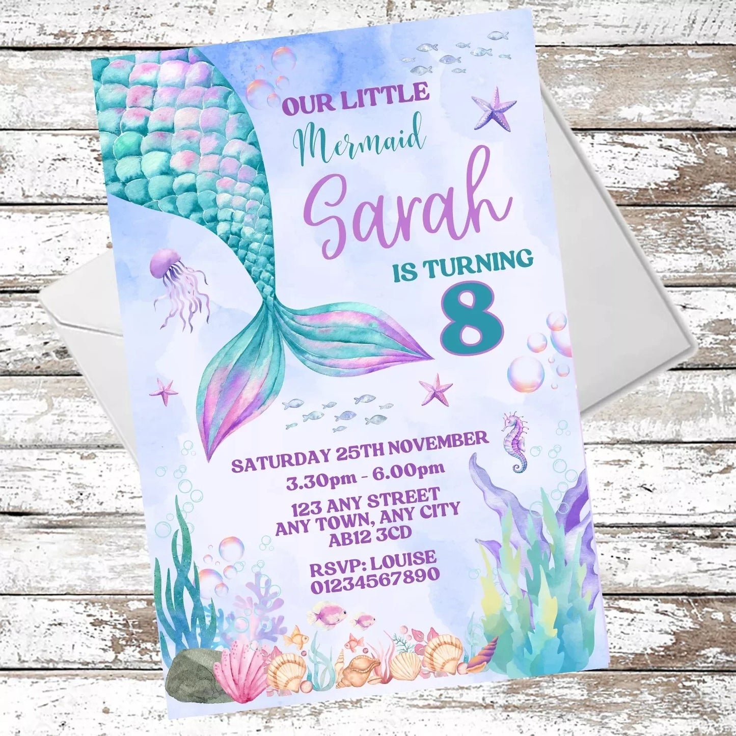 10 Personalised Aqua Mermaid Party Invitations With Envelopes