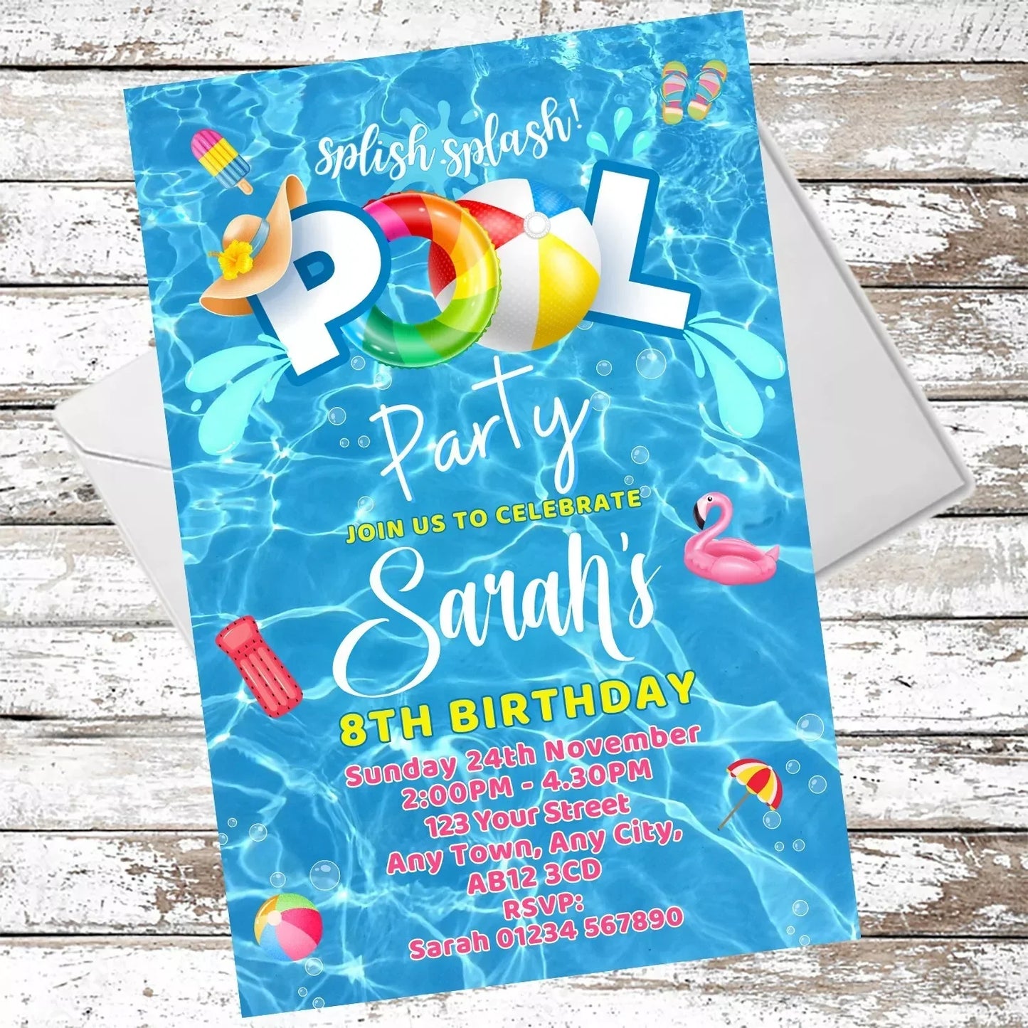 10 Personalised Pool Party Party Invitations With Envelopes
