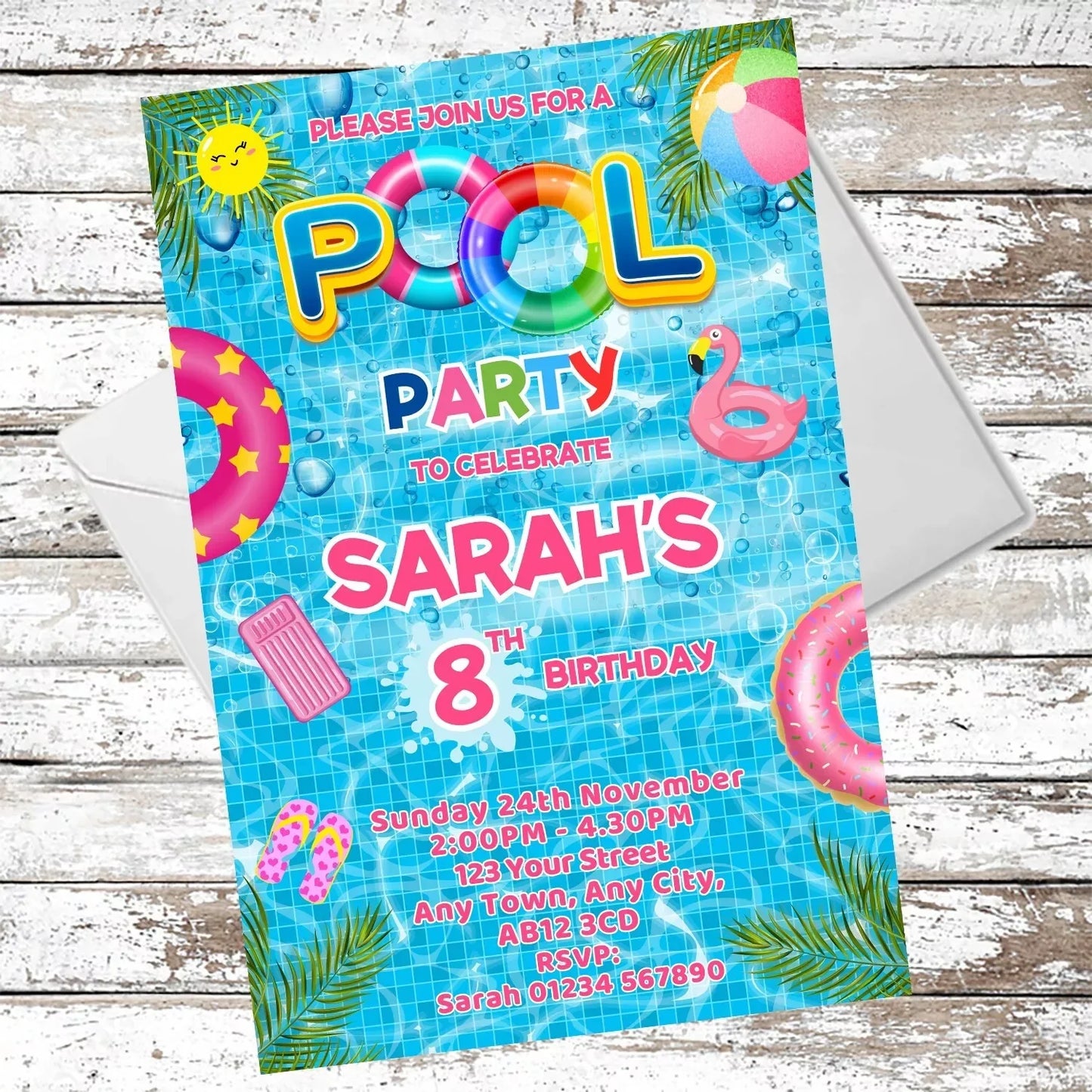 10 Personalised Swimming Pool Party Party Invitations With Envelopes