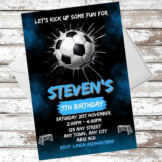 10 Personalised Blue Football Party Invitations With Envelopes
