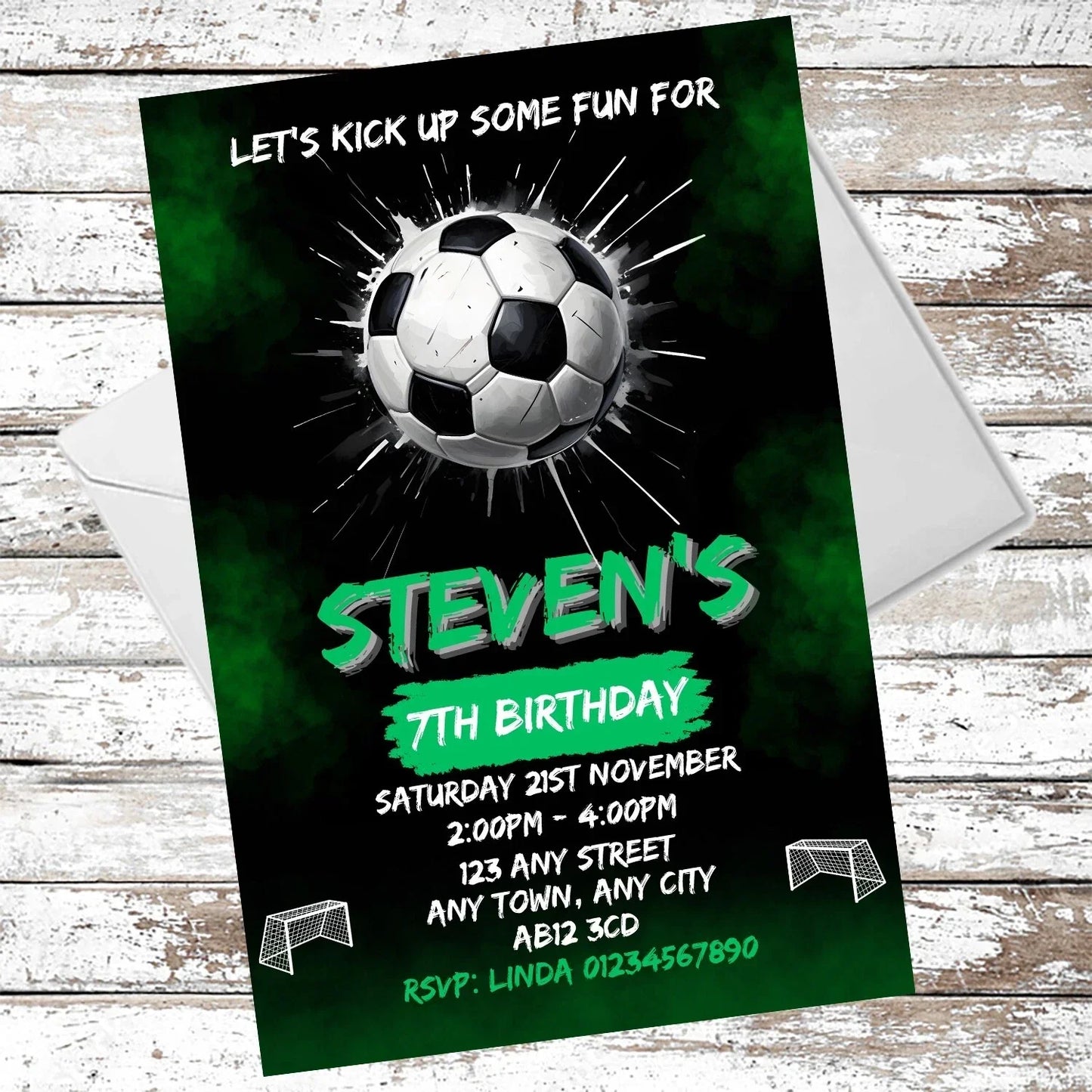 10 Personalised Green Football Party Invitations With Envelopes
