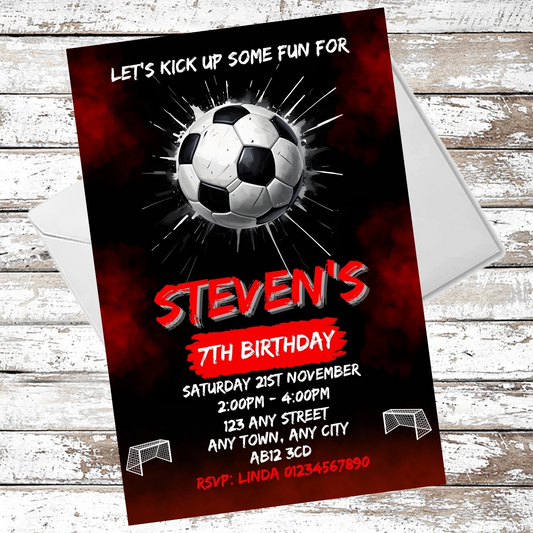 10 Personalised Red Football Party Invitations With Envelopes