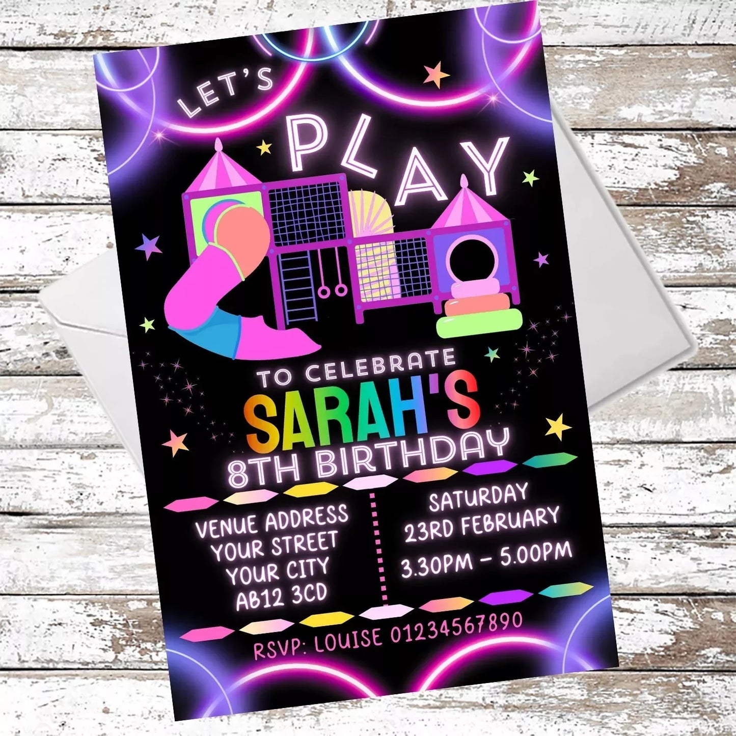10 Personalised Neon Girls Soft Play Party Invitations With Envelopes