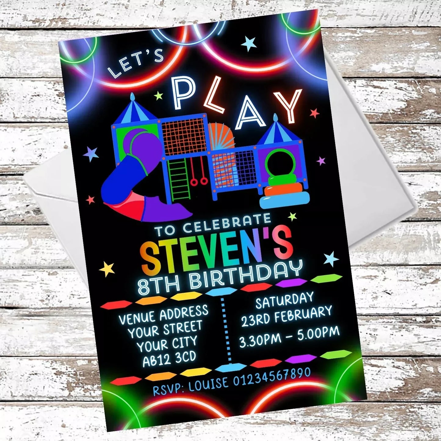 10 Personalised Neon Boys Soft Play Party Invitations With Envelopes