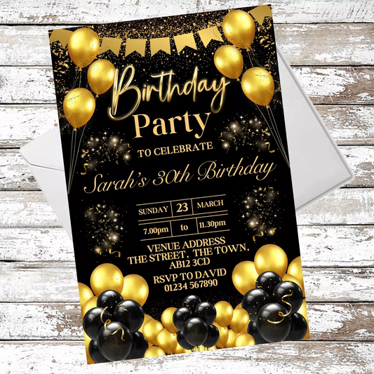 10 Personalised Black & Gold Any Age Party Invitations With Envelopes