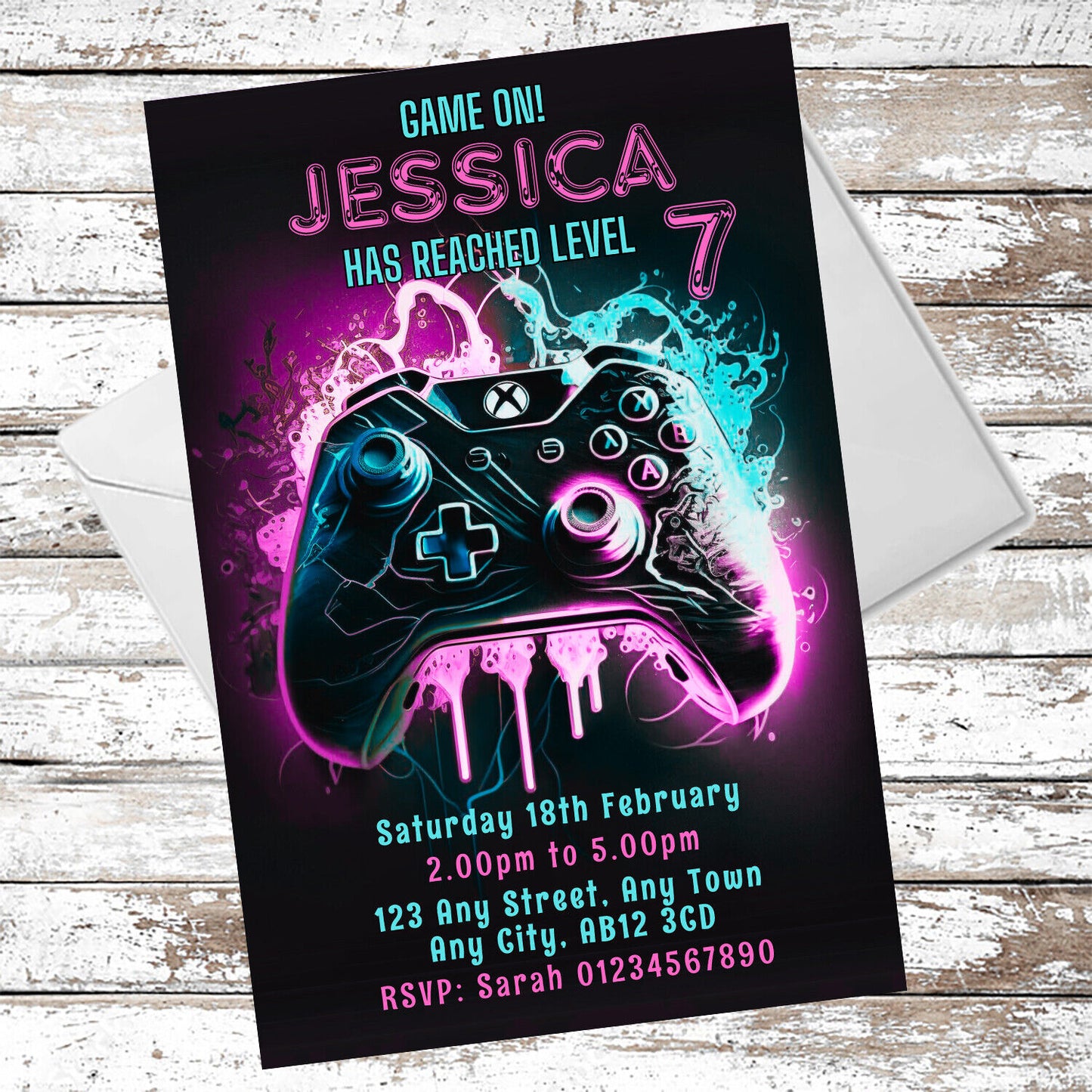 10 Personalised Neon Pink Gaming Party Invitations With Envelopes