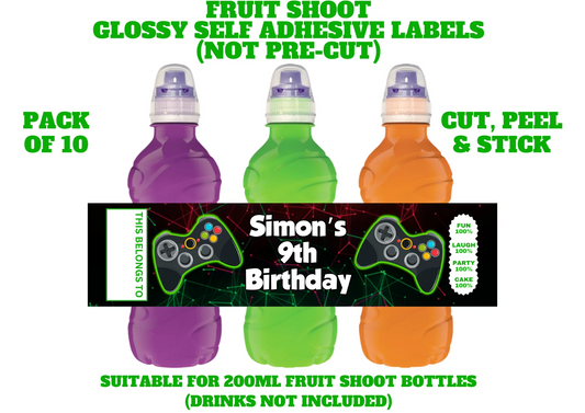 Gaming Personalised Fruit Shoot Bottle Self Adhesive Label Wrapper x 10
