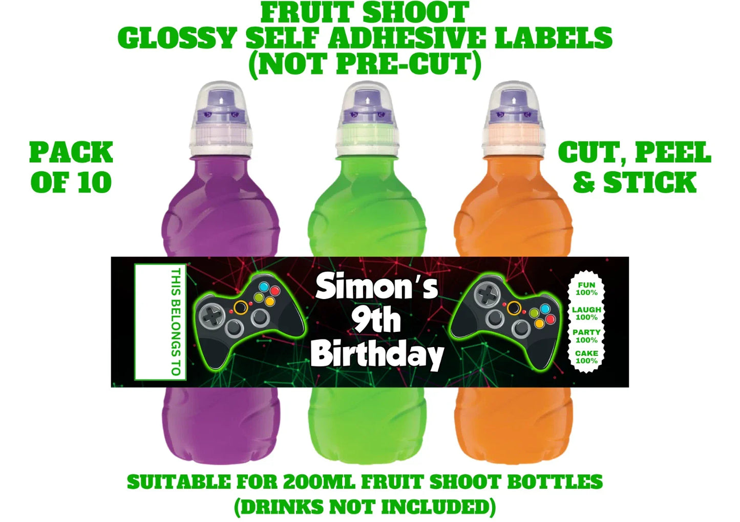 Gaming Personalised Fruit Shoot Bottle Self Adhesive Label Wrapper x 10