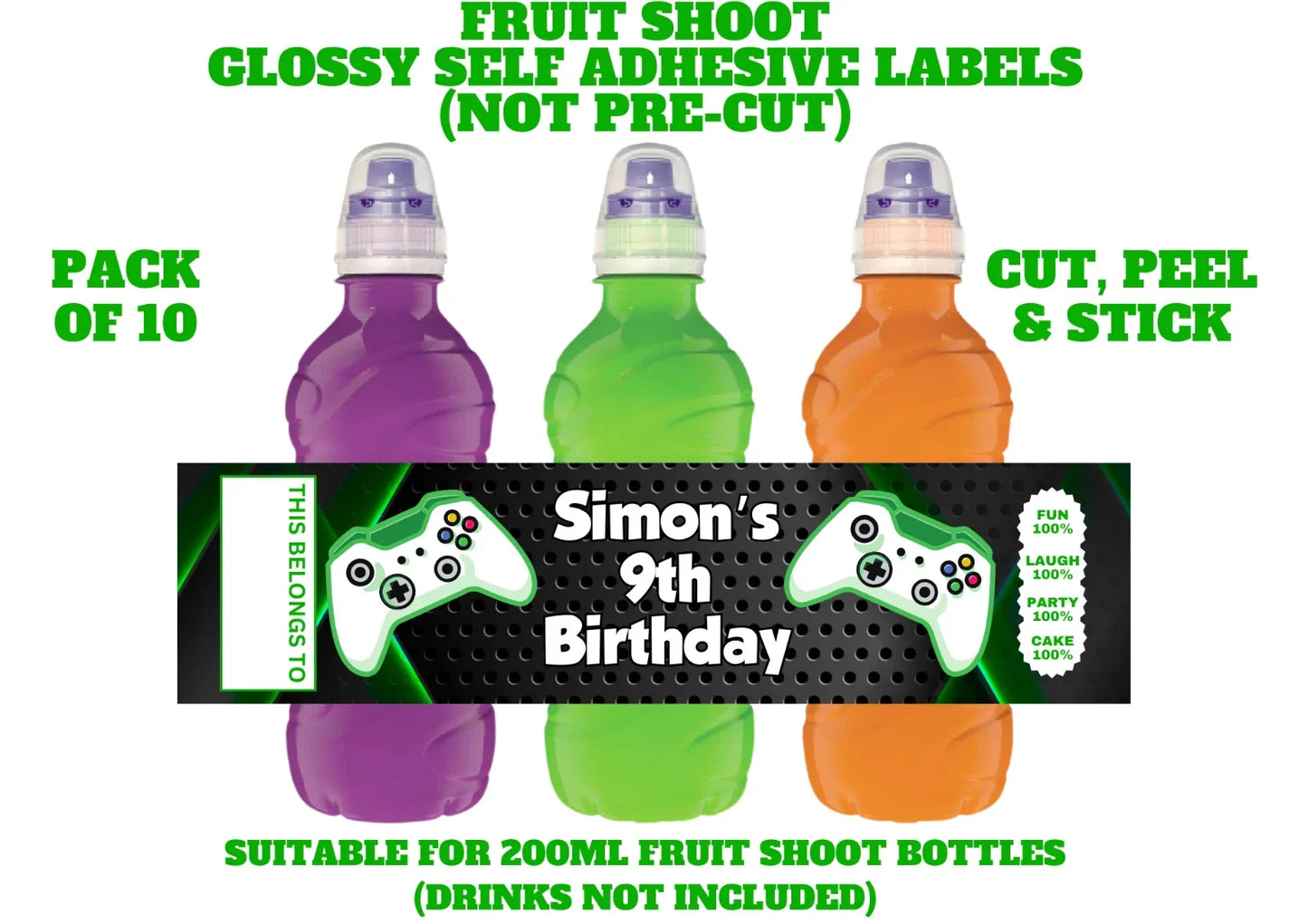 Video Game Personalised Fruit Shoot Bottle Self Adhesive Label Wrapper x 10
