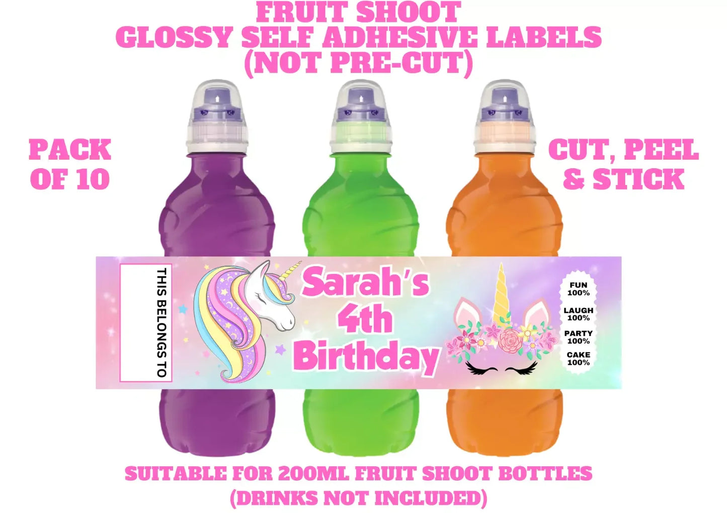 Unicorn Personalised Fruit Shoot Bottle Self Adhesive Label Wrapper x 10