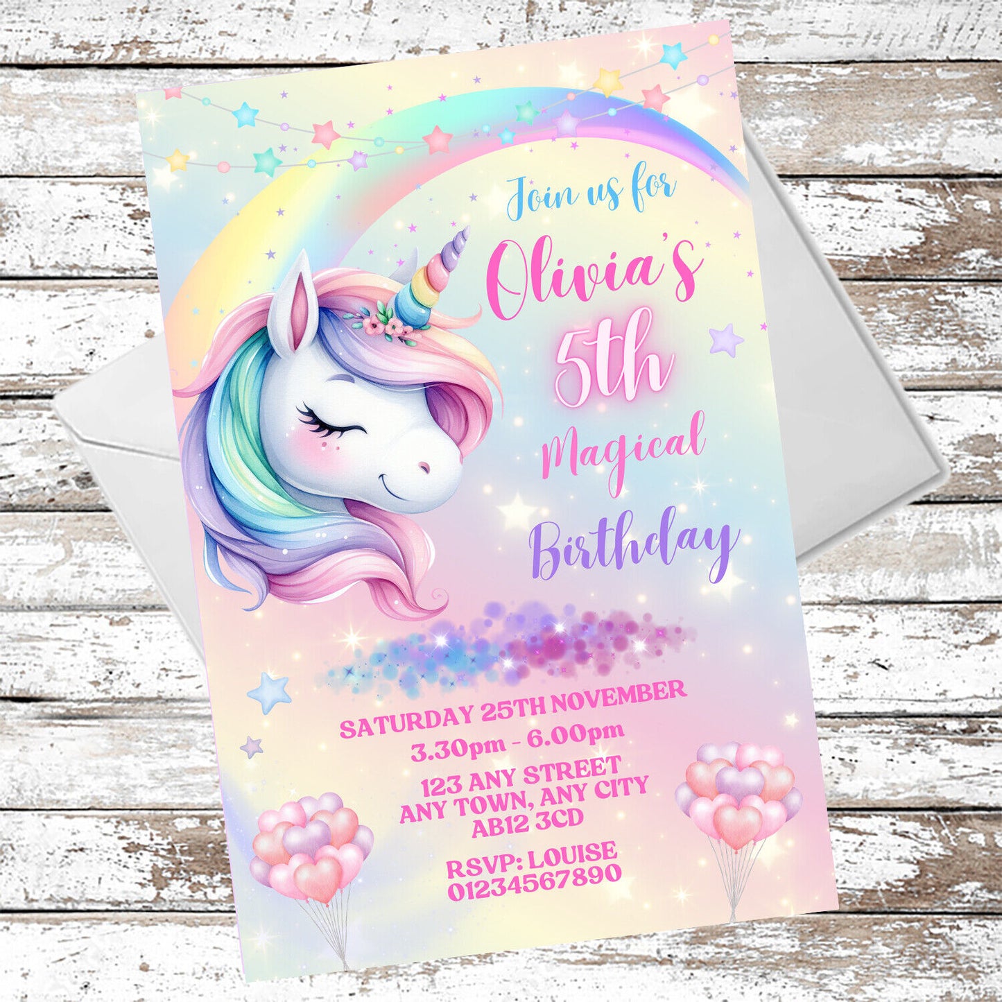 10 Personalised Unicorn Party Invitations With Envelopes