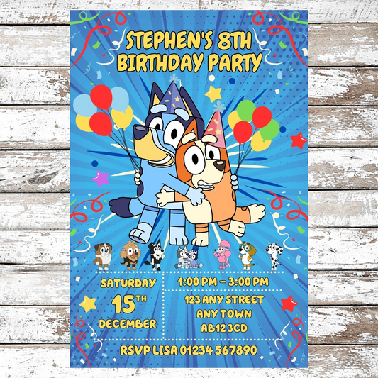 10 Personalised Bluey Party Invitations With Envelopes