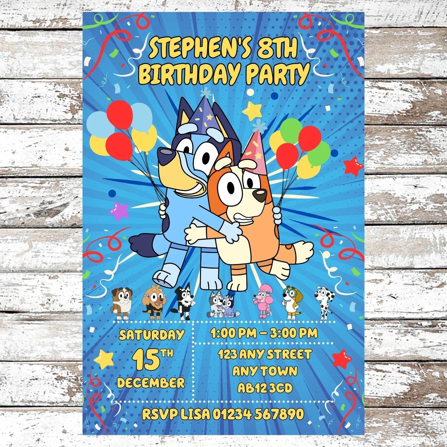 10 Personalised Bluey Party Invitations With Envelopes