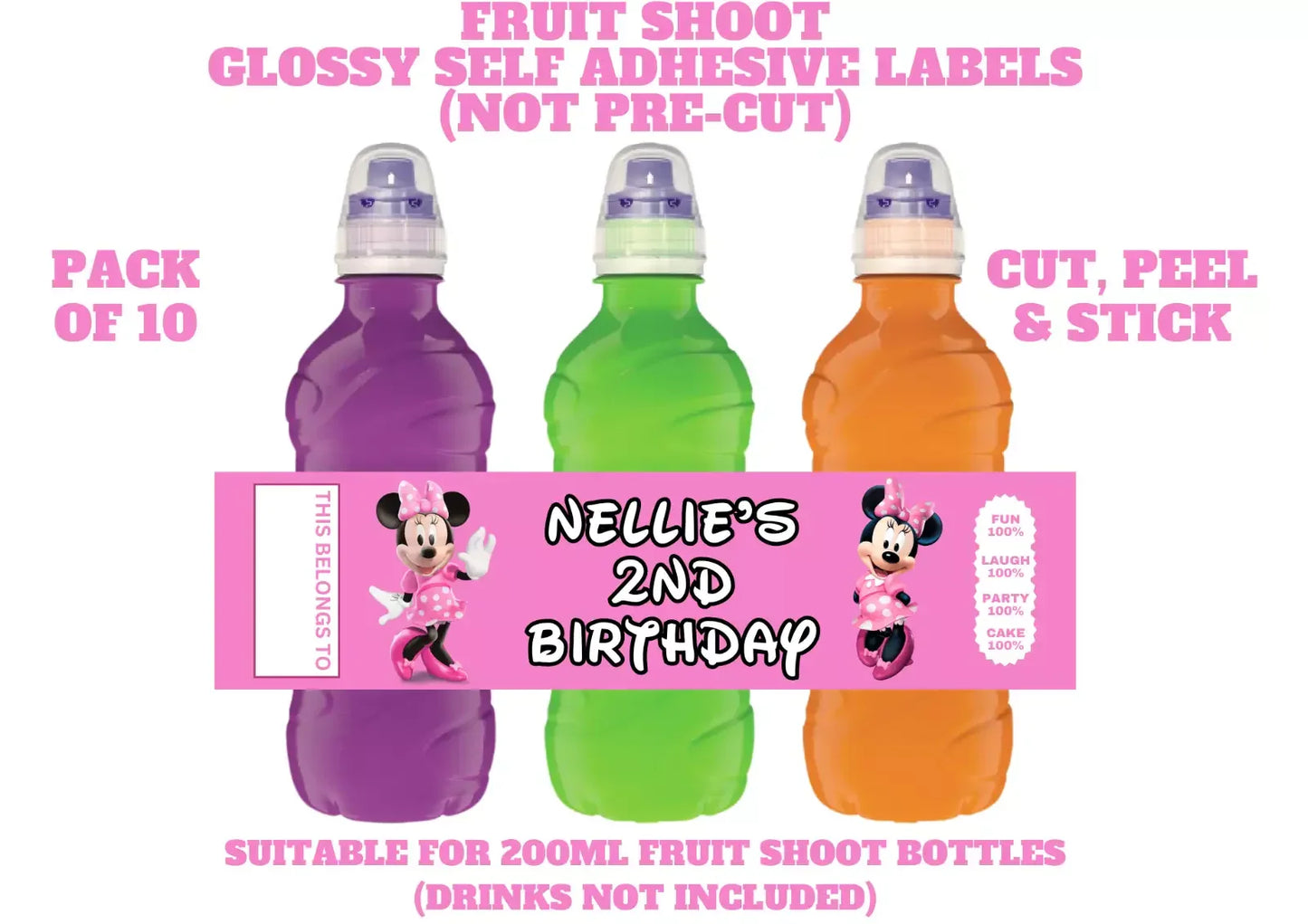 Minnie Mouse Personalised Fruit Shoot Bottle Self Adhesive Label Wrapper x 10