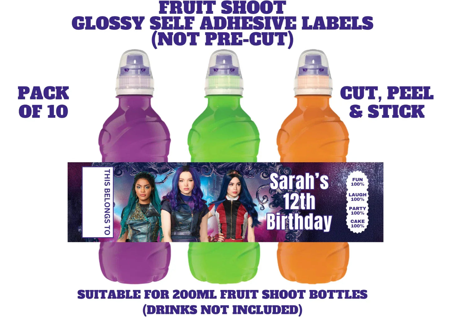 Descendants Personalised Fruit Shoot Bottle Self Adhesive Label Wrapper x 10