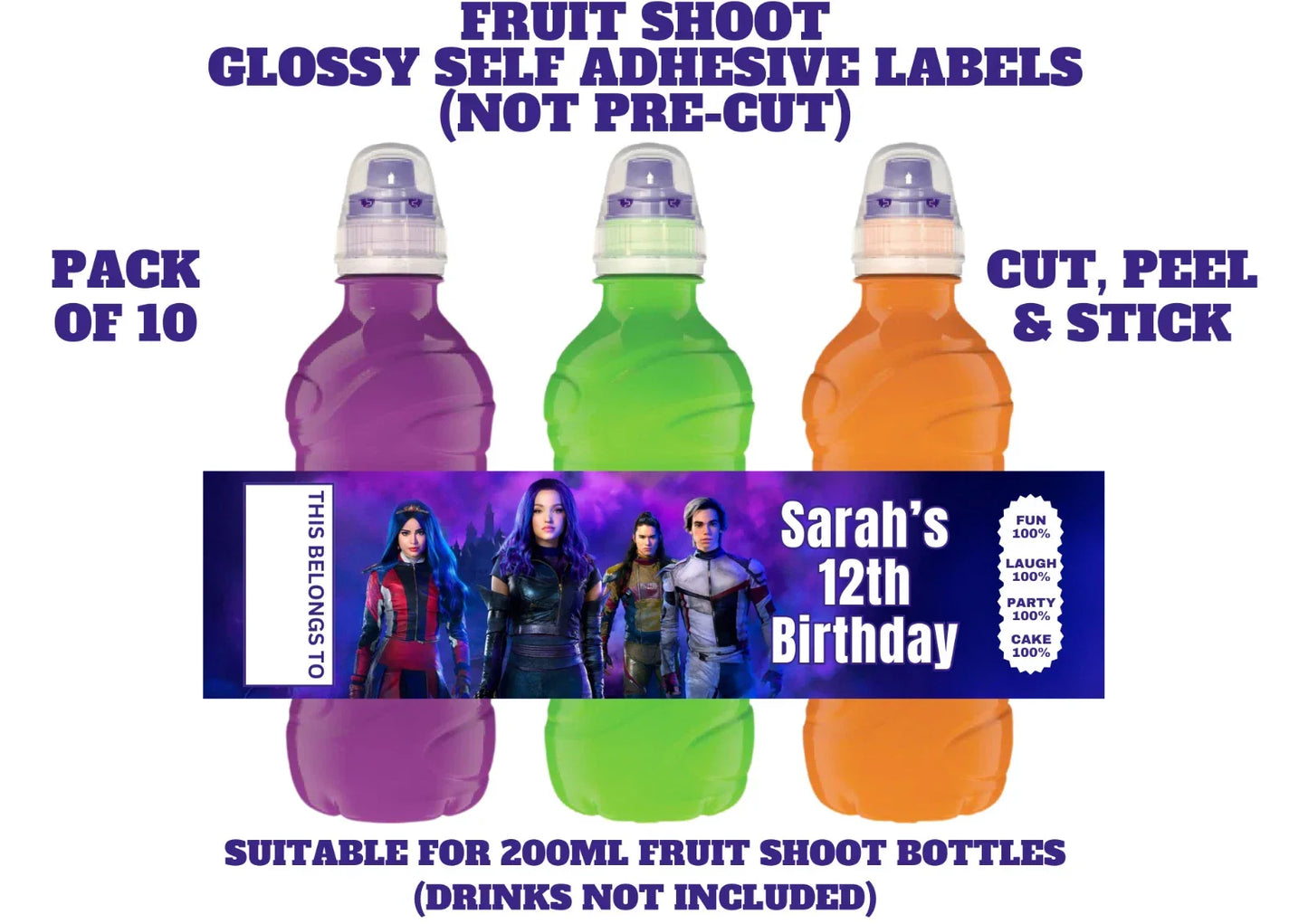 Descendants Personalised Fruit Shoot Bottle Self Adhesive Labels Wrapper x 10
