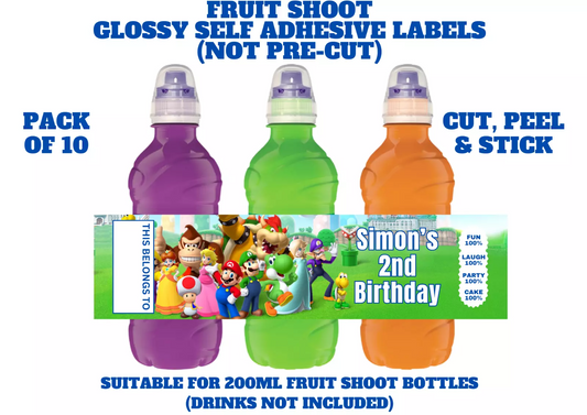 Super Mario Personalised Fruit Shoot Bottle Self Adhesive Label Wrapper x 10