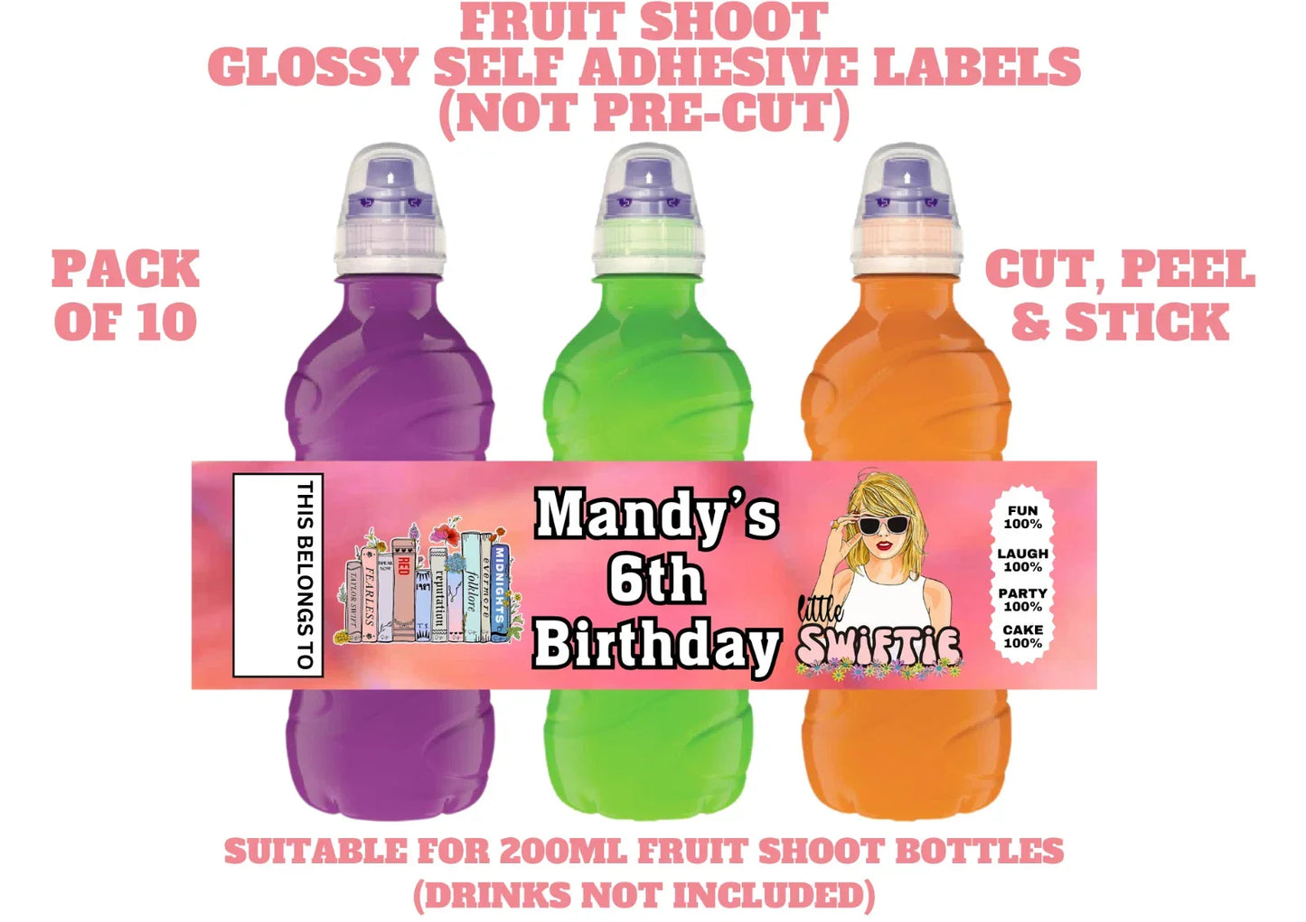 Taylor Swift Personalised Fruit Shoot Bottle Self Adhesive Label Wrapper x 10