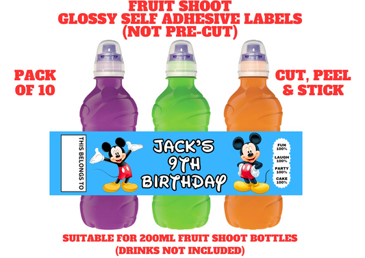 Mickey Mouse Personalised Fruit Shoot Bottle Self Adhesive Label Wrapper x 10