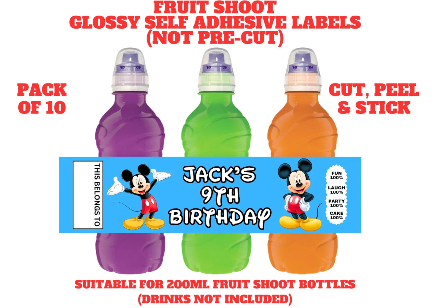 Mickey Mouse Personalised Fruit Shoot Bottle Self Adhesive Label Wrapper x 10