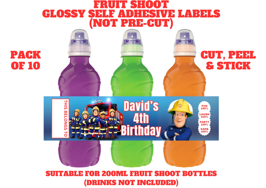 Fireman Sam Personalised Fruit Shoot Bottle Self Adhesive Label Wrapper x 10