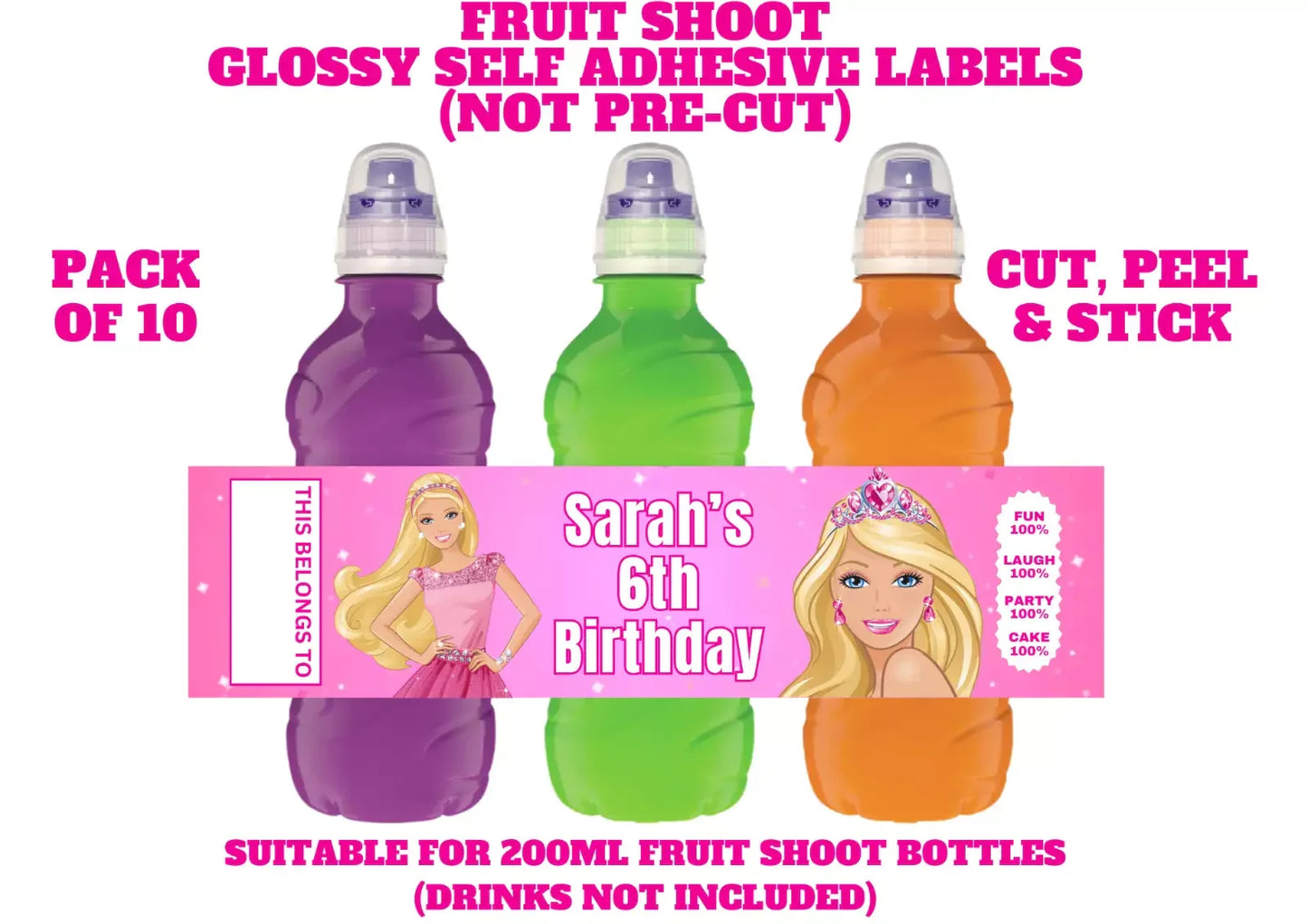 Barbie Personalised Fruit Shoot Bottle Self Adhesive Label Wrapper x 10