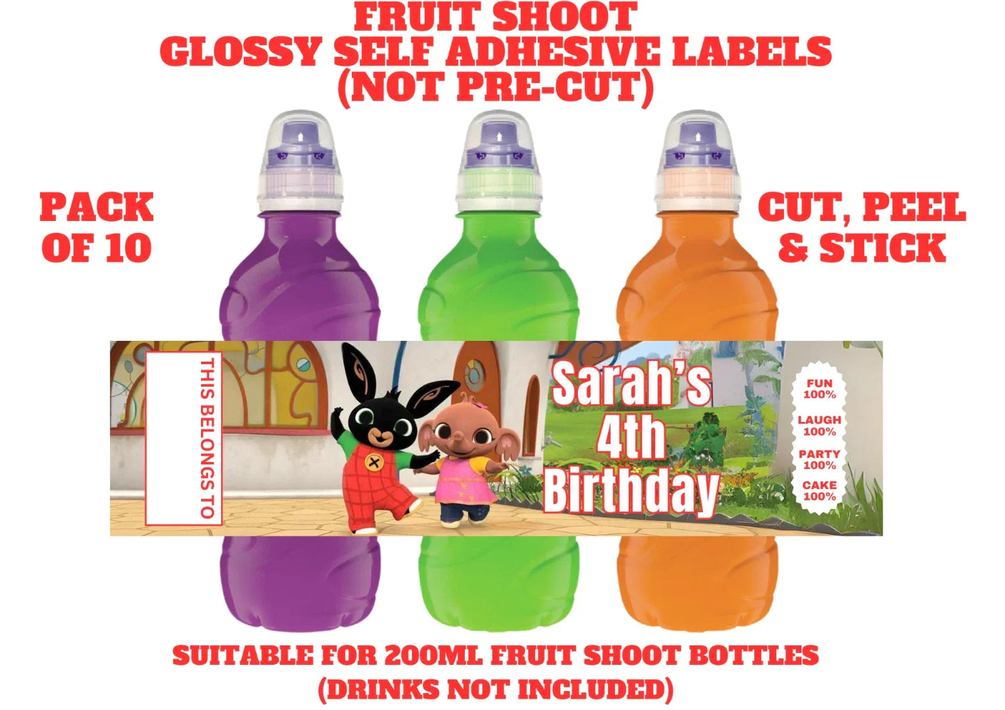 Bing Personalised Fruit Shoot Bottle Self Adhesive Label Wrapper x 10