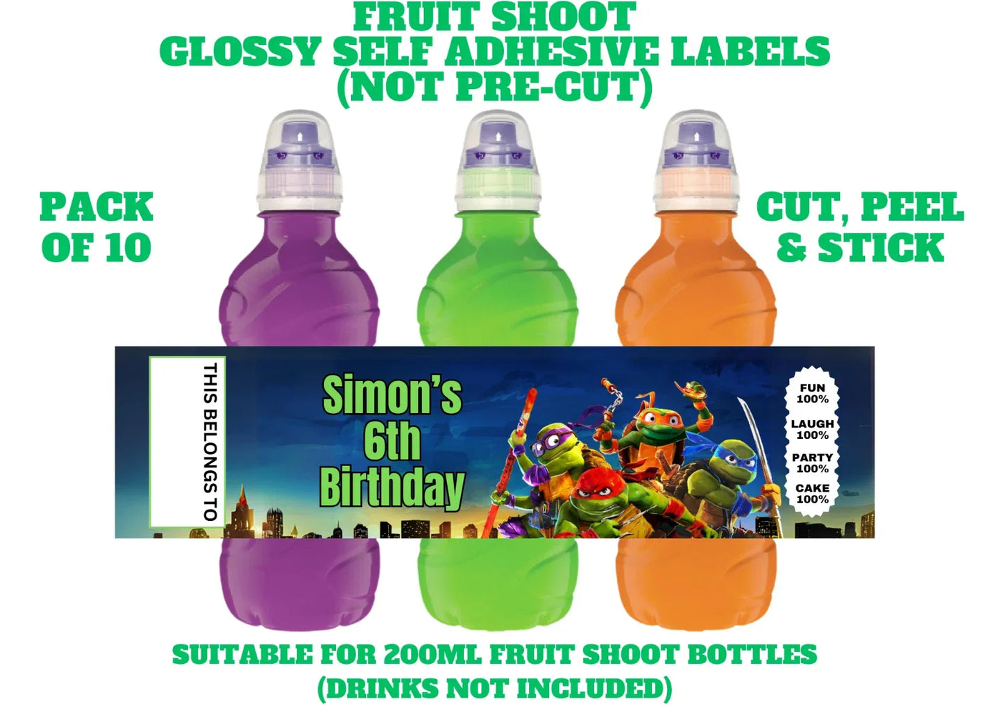 Teenage Mutant Ninja Turtle Personalised Fruit Shoot Bottle Self Adhesive Label Wrapper x 10