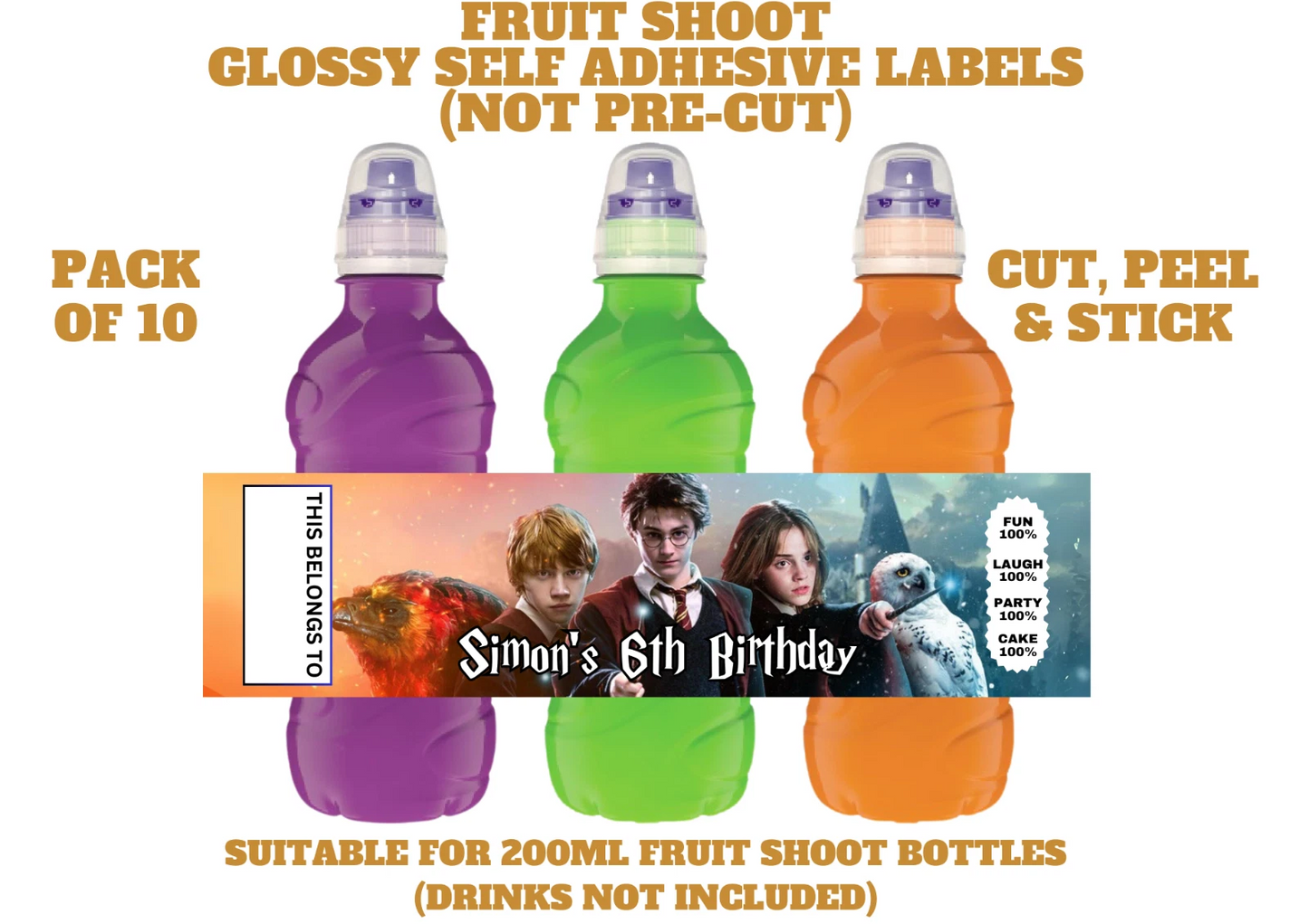 Harry Potter Wizard Personalised Fruit Shoot Bottle Self Adhesive Label Wrapper x 10