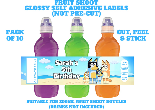 Bluey Dog Personalised Fruit Shoot Bottle Self Adhesive Label Wrapper x 10