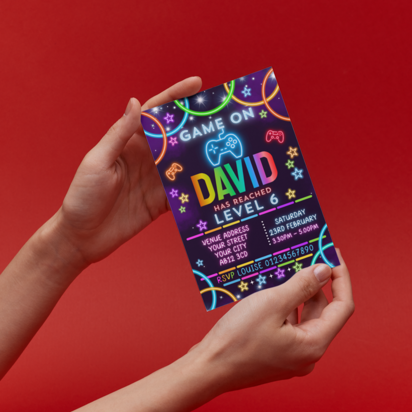 10 Personalised Neon Gaming Party Invitations With Envelopes
