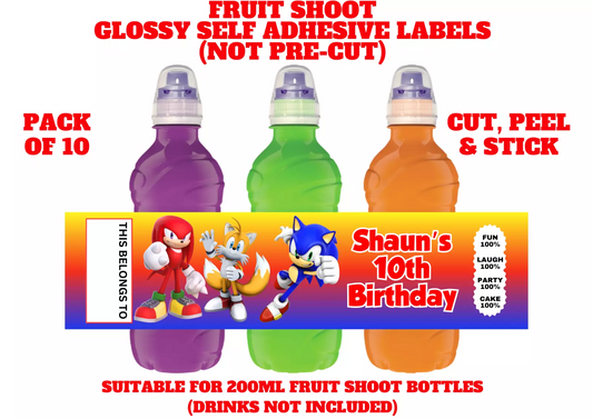 Sonic The Hedgehog Personalised Fruit Shoot Bottle Self Adhesive Label Wrapper x 10
