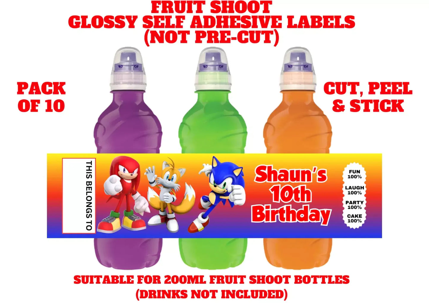 Sonic The Hedgehog Personalised Fruit Shoot Bottle Self Adhesive Label Wrapper x 10