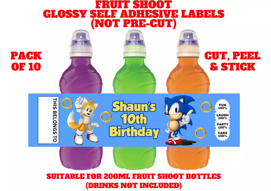 Sonic Hedgehog Personalised Fruit Shoot Bottle Self Adhesive Label Wrapper x 10