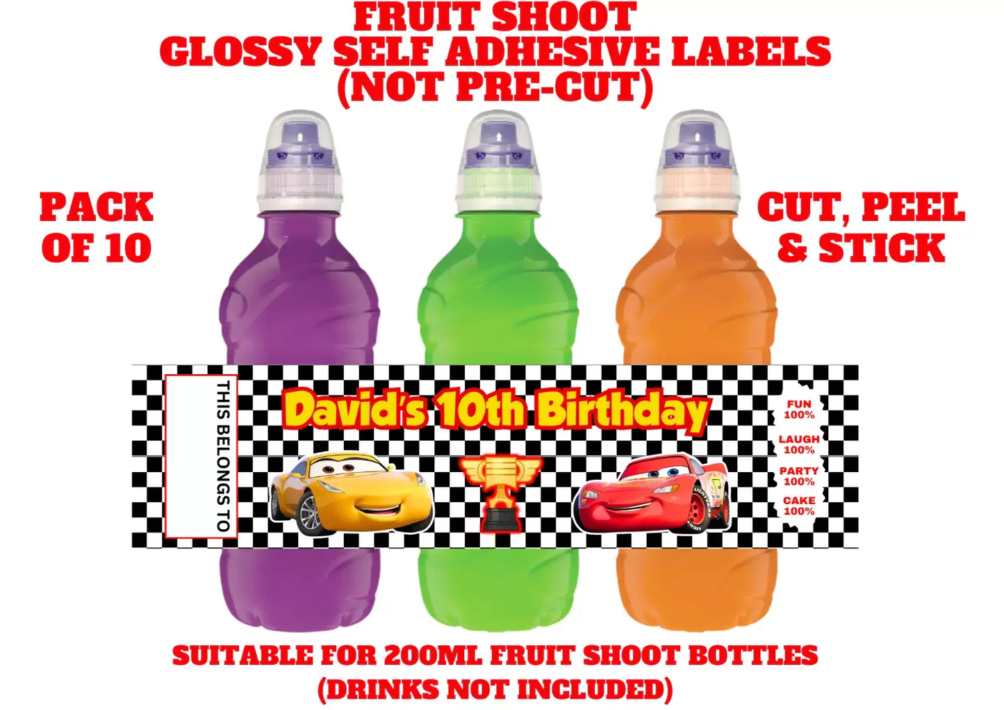 Cars Lightning McQueen Personalised Fruit Shoot Bottle Self Adhesive Label Wrapper x 10