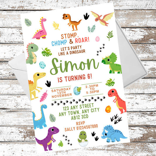 10 Personalised Cute Dinosaur Party Invitations With Envelopes
