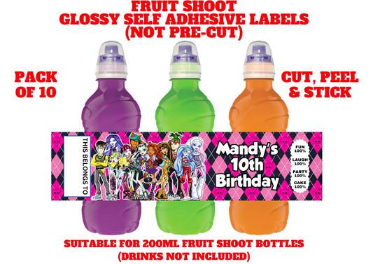Monster High Personalised Fruit Shoot Bottle Self Adhesive Label Wrapper x 10