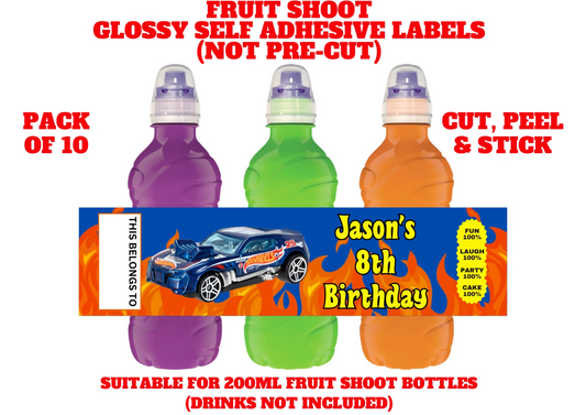 Hot Wheels Personalised Fruit Shoot Bottle Self Adhesive Label Wrapper x 10