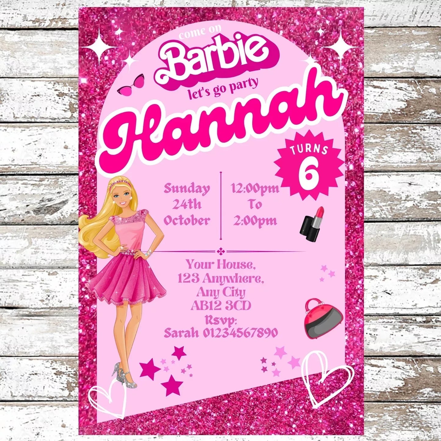 10 Personalised Pink Barbie Party Invitations With Envelopes