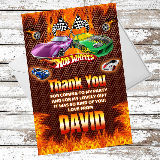 10 Personalised Hot Wheels Thank You Cards With Envelopes