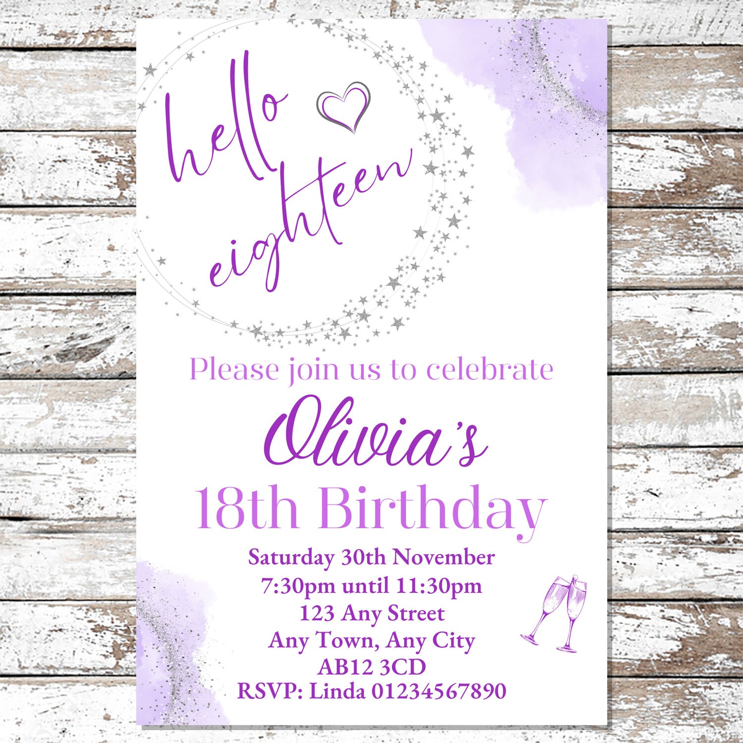 10 Personalised Purple Any Age Party Invitations With Envelopes