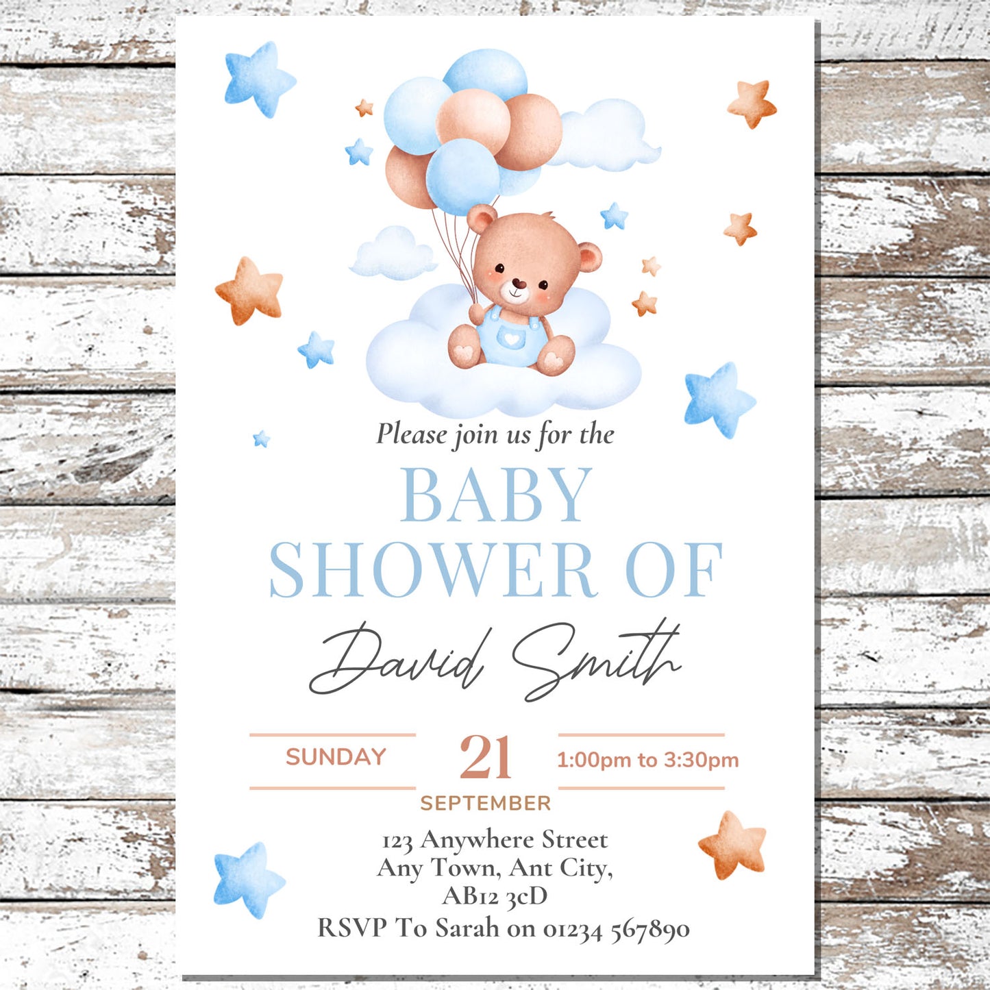 10 Personalised Blue Bear Baby Shower Invitations With Envelopes