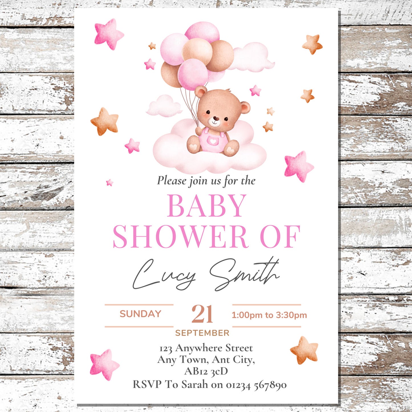 10 Personalised Pink Bear Baby Shower Invitations With Envelopes