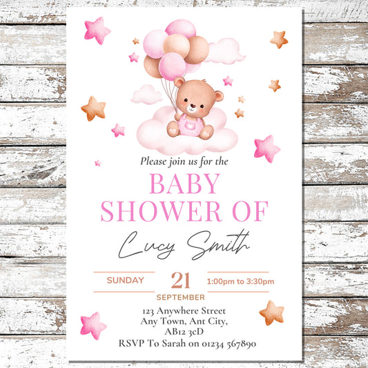 10 Personalised Pink Bear Baby Shower Invitations With Envelopes