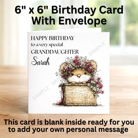 Cute Mouse in A Floral Basket Personalised Birthday Card